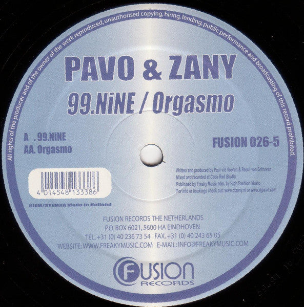 Pavo & Zany : 99.Nine / Orgasmo (12", RP)