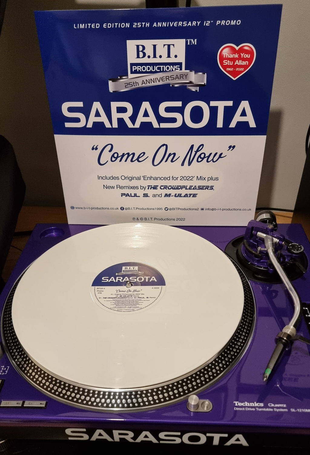 Sarasota – "Come On Now"  - 25th Anniversary Mixes - B.I.T Productions - 12" white vinyl - BIT25-4