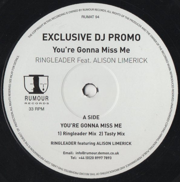 Ringleader (2) Feat. Alison Limerick : You're Gonna Miss Me (12