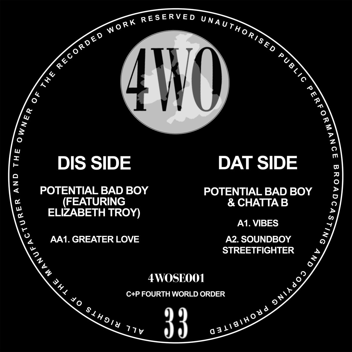 Potential Badboy & Chatta B - 4th World Order (Special Edition 01) Vibes/Greater Love ft Elizabeth Troy- Kemet - 4WOSE001 - 12"