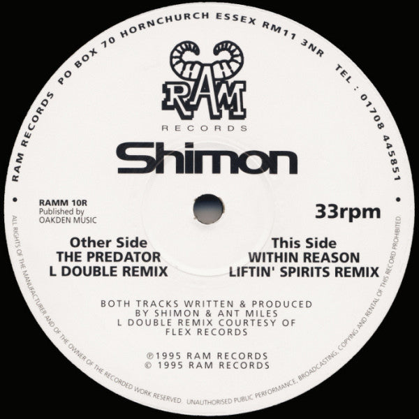 Shimon - The Predator / Within Reason (Remixes) - RAM Records - RAMM 10R - 12" - Vinyl - Very Good Plus (VG+)