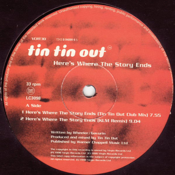 Tin Tin Out Featuring Shelley Nelson - Here's Where The Story Ends - VC Recordings - VCRT30 - 12" - Vinyl - Very Good Plus (VG+)