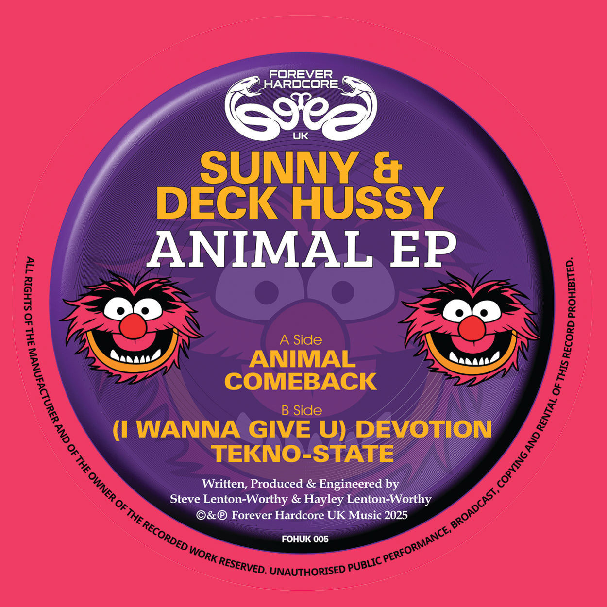 Sunny & Deck Hussy - Animal EP - Forever Hardcore Records - FOHUK05 - Hardcore - 12" Pink Vinyl
