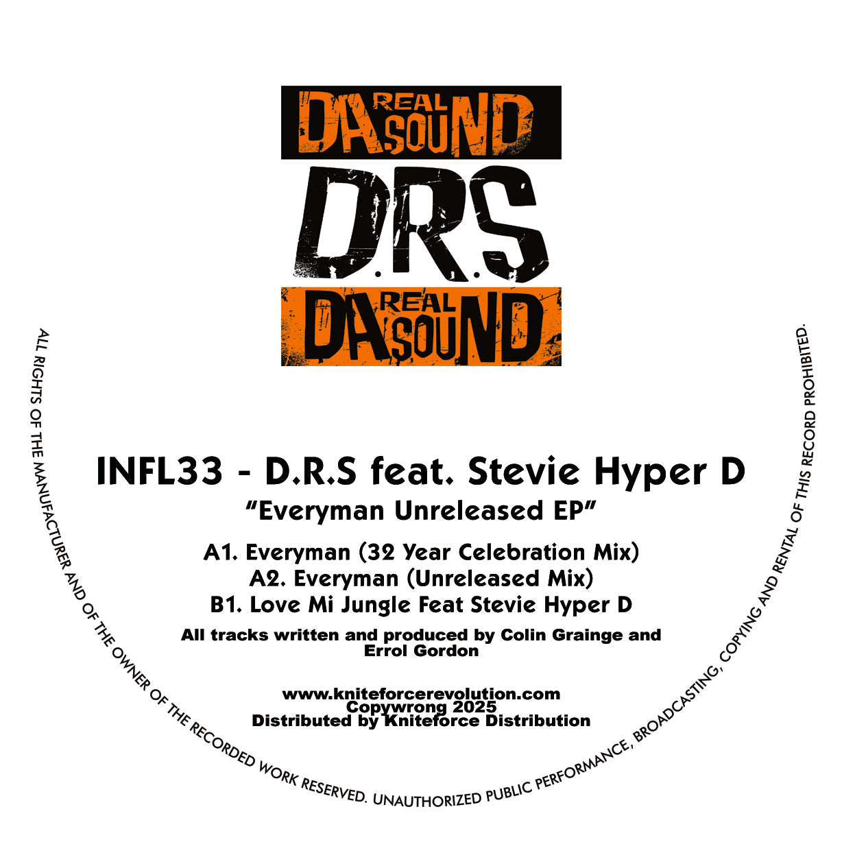 D.R.S. Featuring Stevie Hyper D - Everyman Unreleased EP - Influential Records - INFL33 - 12" Black Vinyl Version