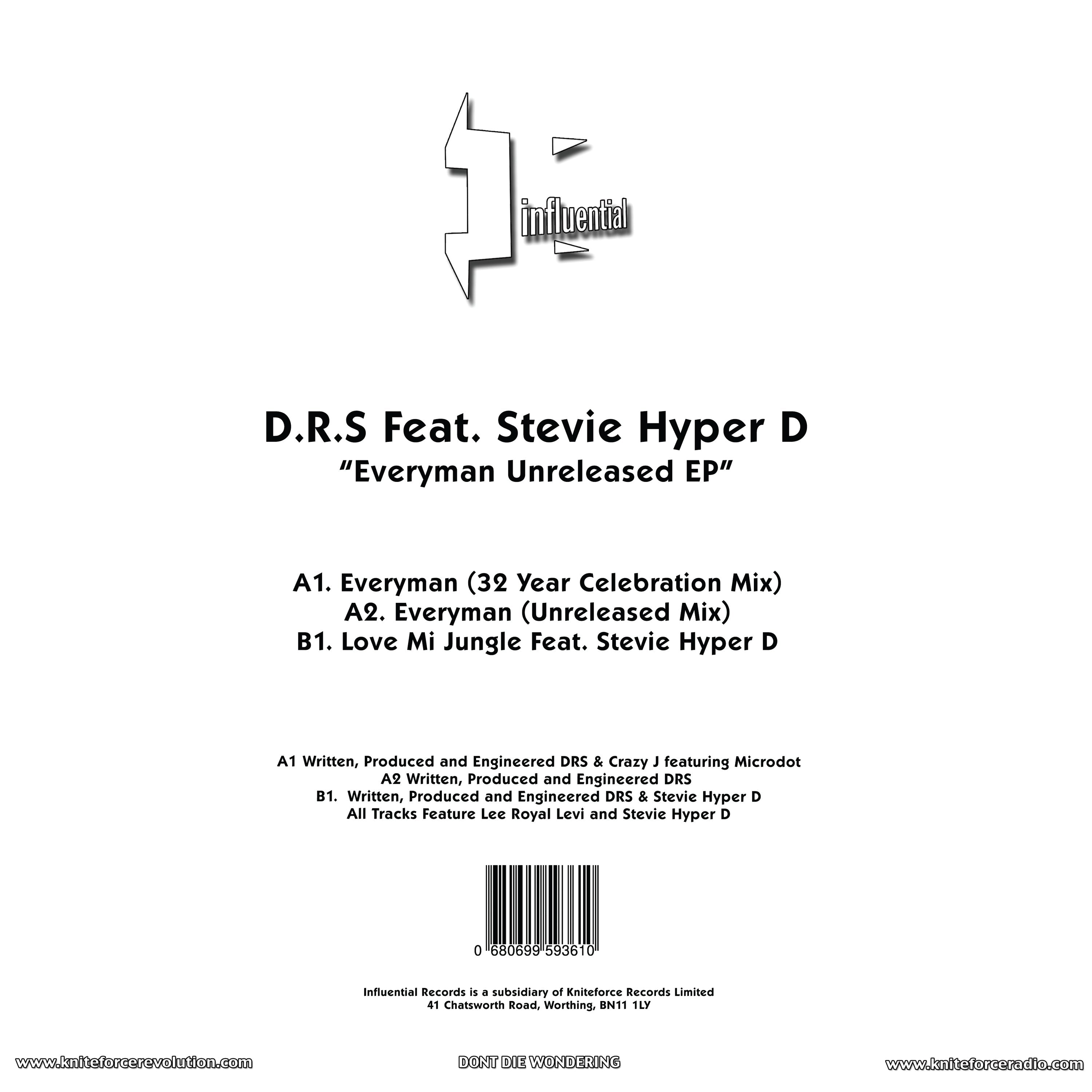 D.R.S. Featuring Stevie Hyper D - Everyman Unreleased EP - Influential Records - INFL33 - 12" Black Vinyl Version