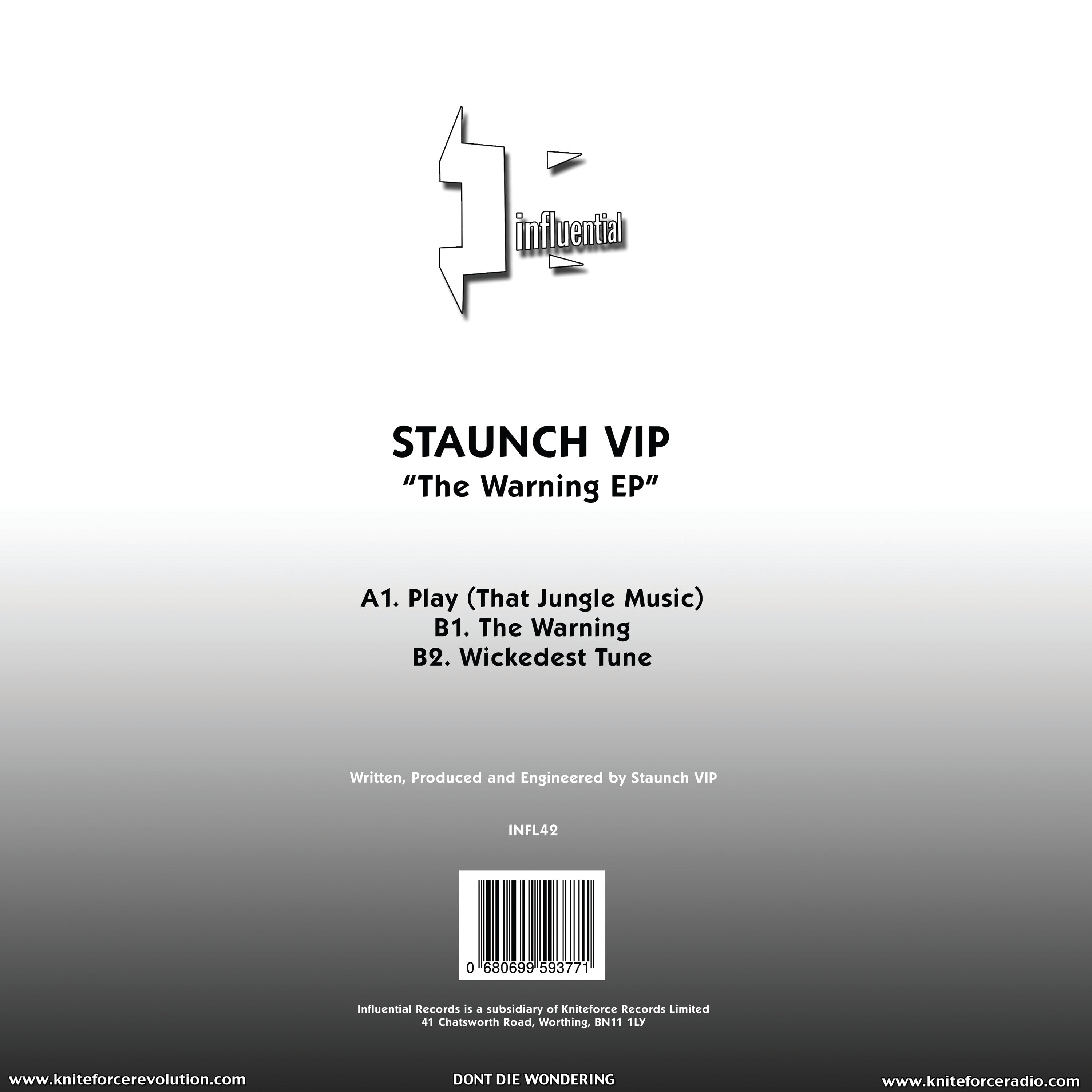 Staunch VIP - The Warning EP - Influential Records - INFL42 - 12" Black Vinyl