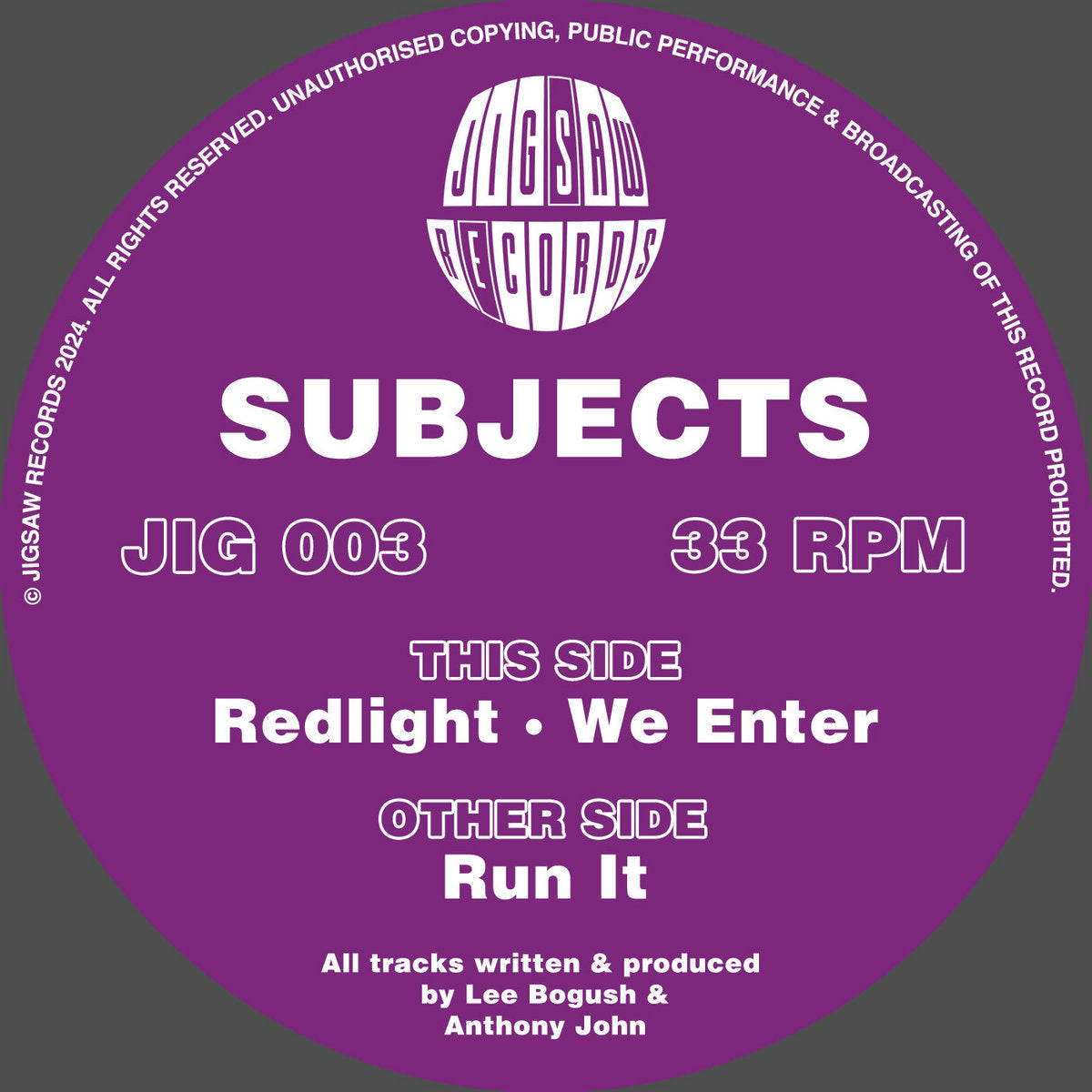Subjects - Run It EP - Jigsaw Records - JIG003SE - 12" Purple & White Special Vinyl