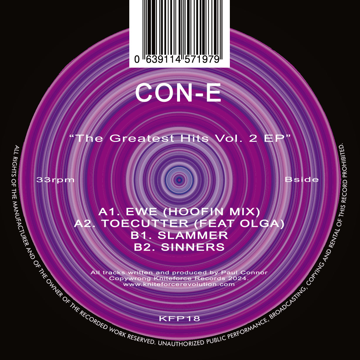 Con-E - The Greatest Hits Vol. 2 EP - Kniteforce Prime - KFP18 - Old Skool / Rave - 12" Gray Marble Vinyl