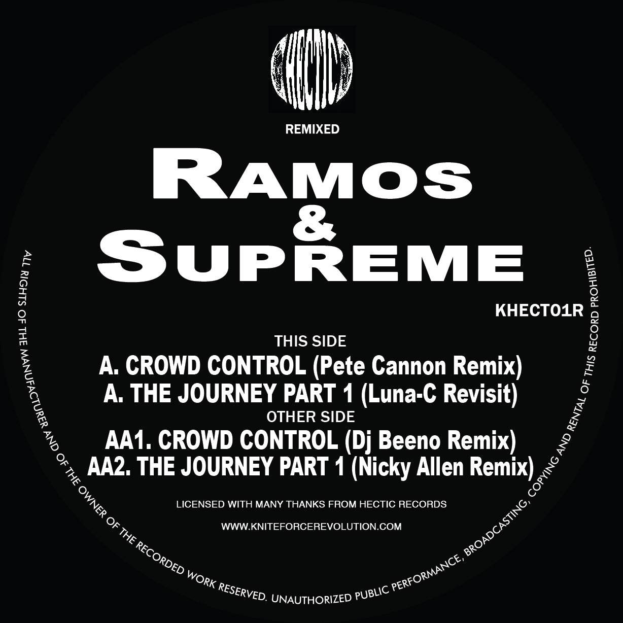 Ramos & Supreme - The Journey / Crowd Control Remixes EP - Pete Cannon - Hectic Records - Black and White Marbled Vinyl - Khect01RSE