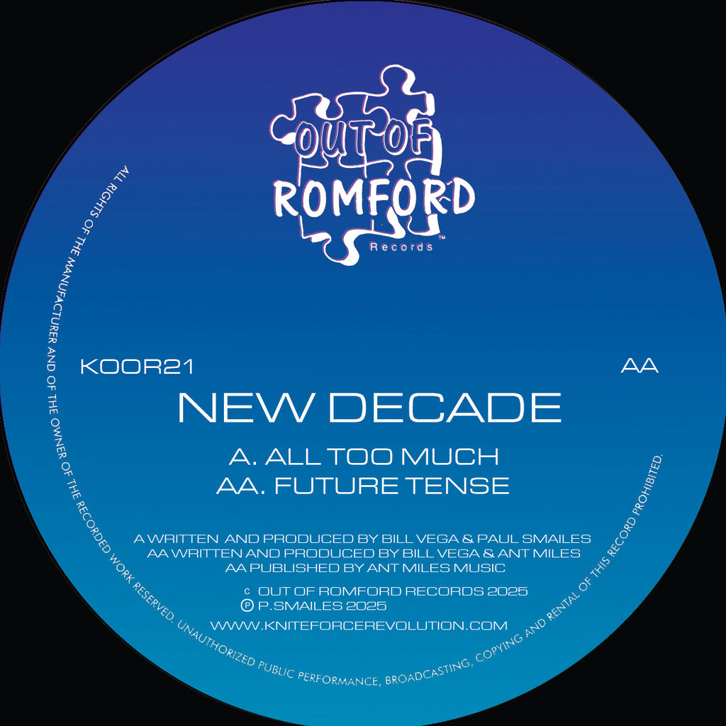New Decade - All Too Much/Future Tense - Out Of Romford Records - KOOR21 - Old Skool - 12" Blue Splatter Vinyl