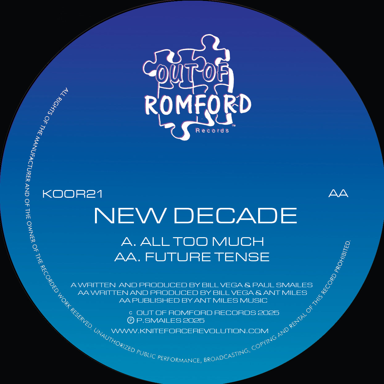 New Decade - All Too Much/Future Tense - Out Of Romford Records - KOOR21 - Old Skool - 12" Blue Splatter Vinyl