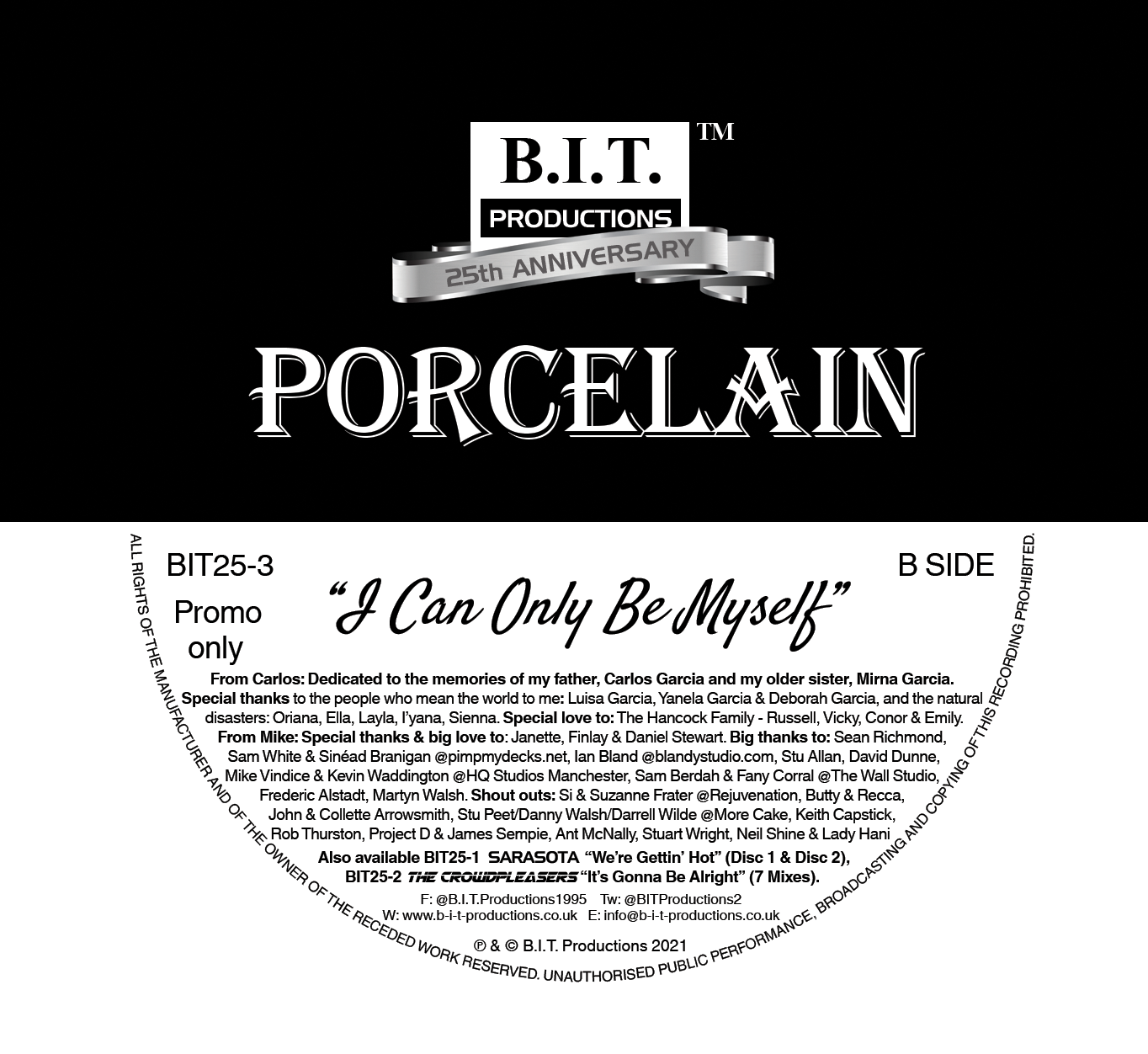Porcelain "I Can Only Be Myself"  - 25th Anniversary Mixes - B.I.T Productions - 12" vinyl - BIT25-3