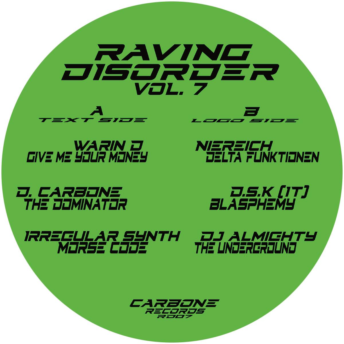 Various Artists - Carbone Records - Raving Disorder Vol. 7 - RD07 - 12" Vinyl - Hard Techno - German Import