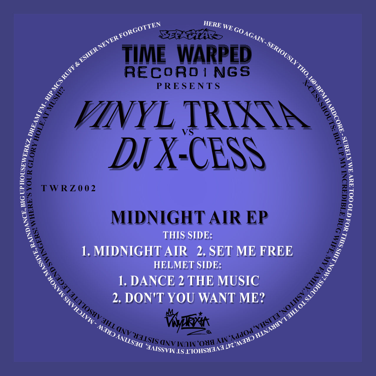 Vinyltrixta vs Dj X-cess - Midnight Air EP - Time Warped Recordings - TWRZ002 12" Raspberry Outburst or Black Vinyl + digi