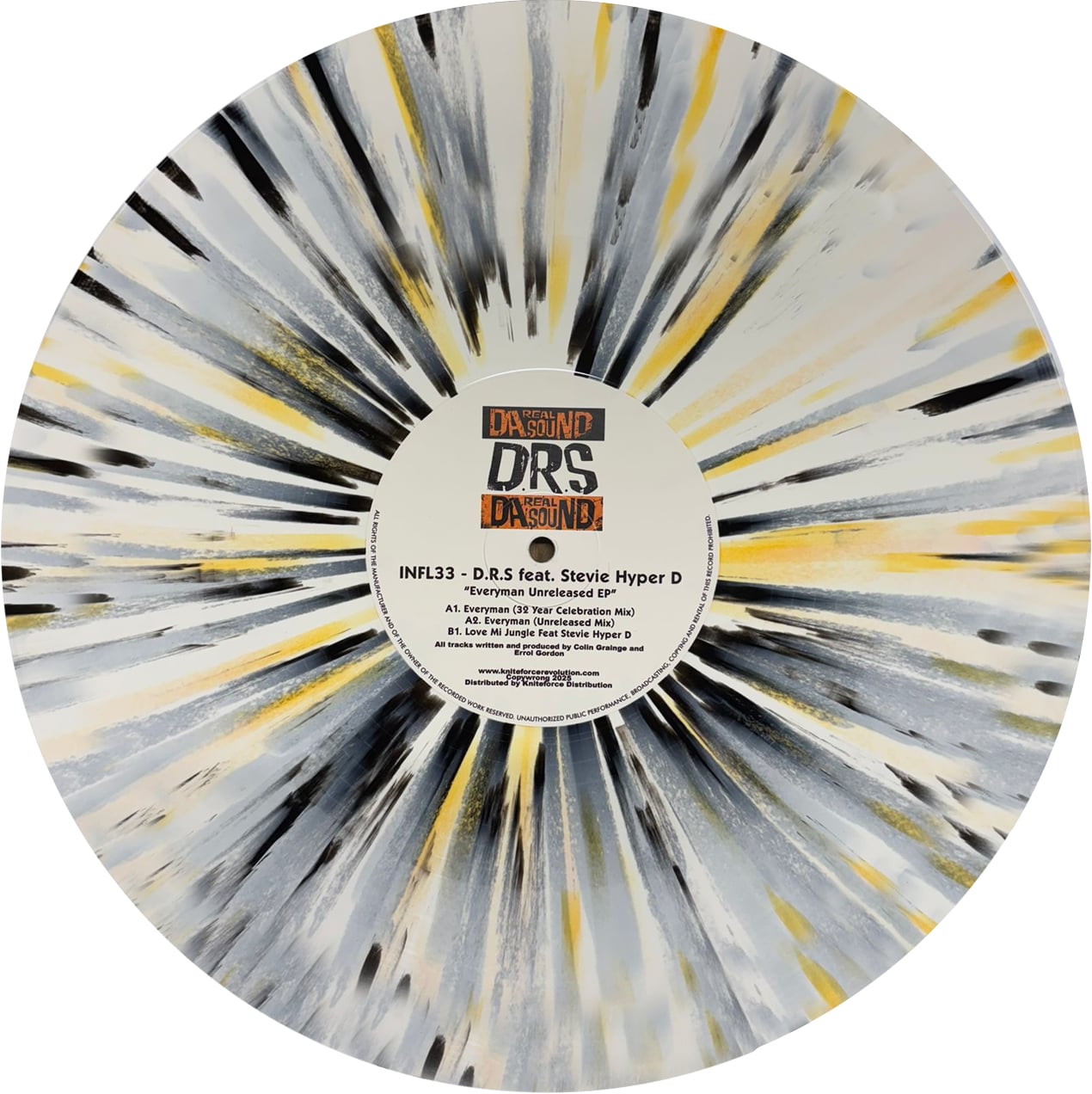 D.R.S. Featuring Stevie Hyper D - Everyman Unreleased EP - Influential Records - INFL33SE - 12" Black, White and Yellow Splatter Vinyl Version
