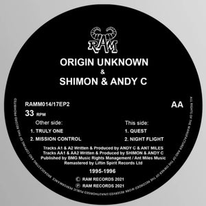 Ram Records - Origin Unknown/Shimon & Andy C 'Truly One / Mission Control / Quest / Night Flight' - 12" Vinyl Repress - RAMM014/17EP2